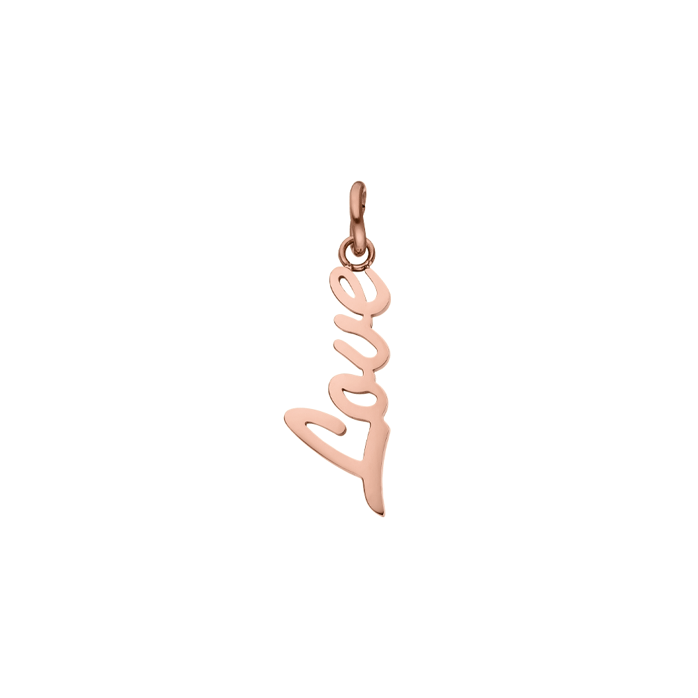 PURELEI Love Charm in 18K Roségold, Schriftzuganhänger mit zarter Eleganz, zeitlos feminin gestaltet.