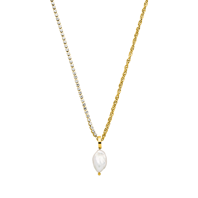 Elua Kette von PURELEI mit 18K Gold Edelstahl, halbseitiger Zirkonia-Kette und echter Keshi-Perle, elegant und feminin.