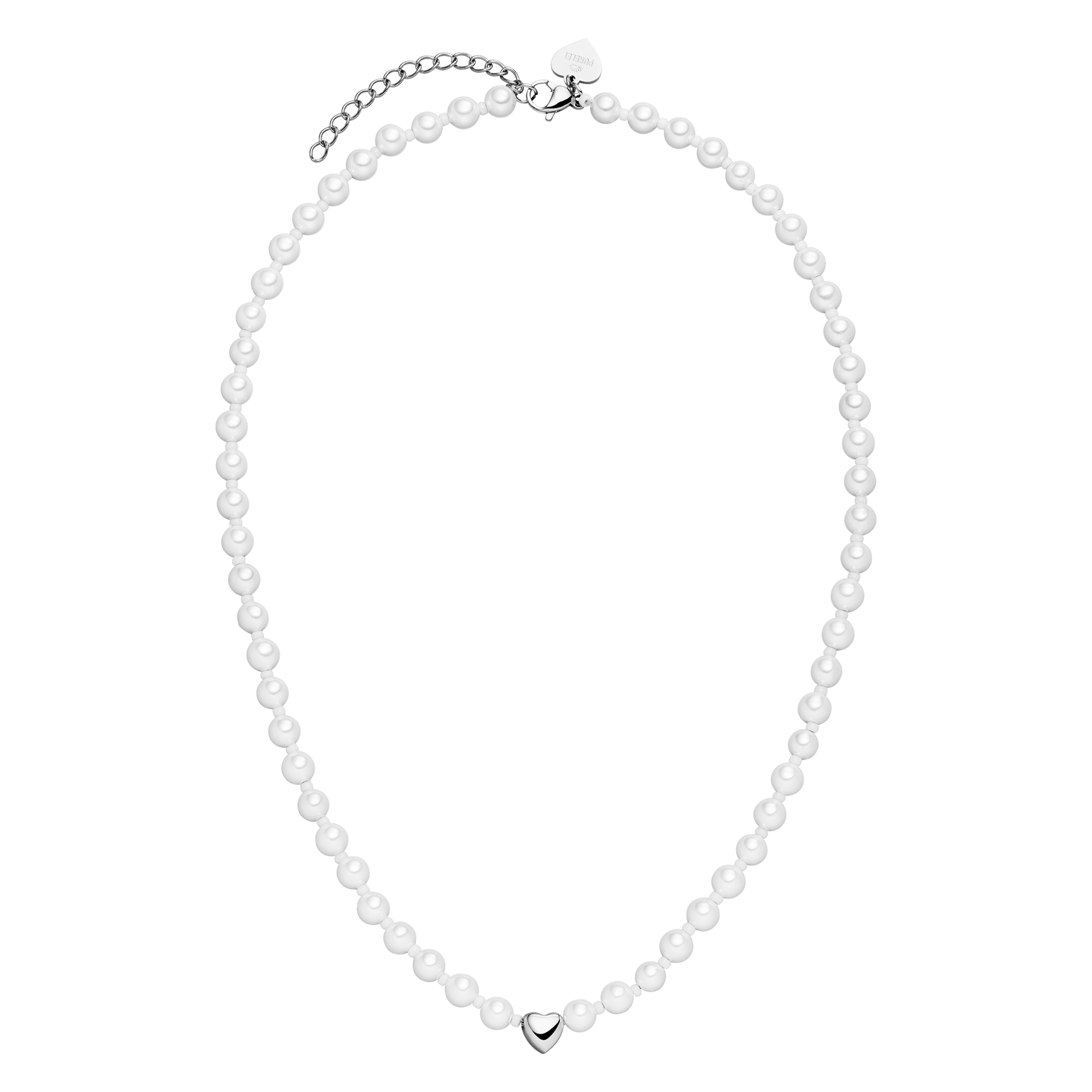 Weiße Perlenkette mit silbernem Herzanhänger, elegant und feminin – PURELEI.
