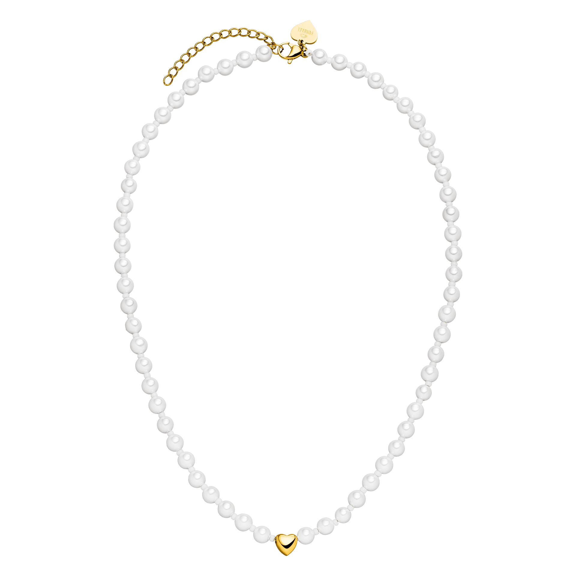 Weiße Perlenkette mit goldenem Herzanhänger von PURELEI, elegant und feminin.
