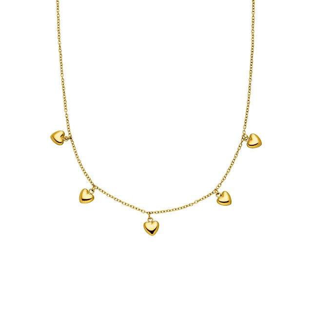 Goldene Kette mit herzförmigen Anhängern, elegant und verspielt, von PURELEI.