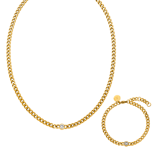 Goldene Kette und Armband mit funkelndem Detail, PURELEI, elegant und modern.
