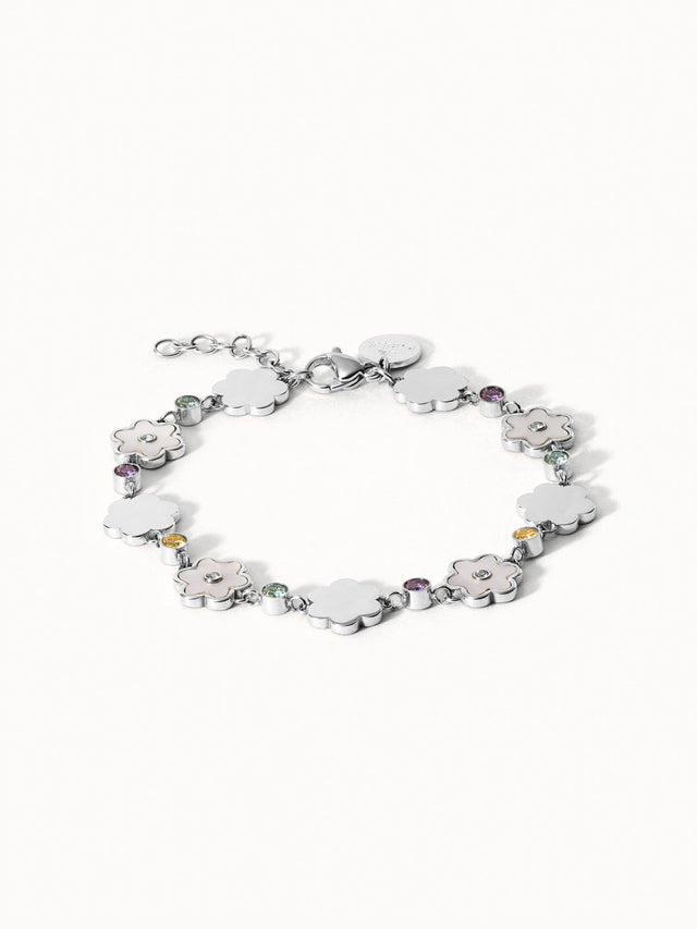 Silbernes Armband mit Blumenmotiven und funkelnden Steinen von PURELEI.