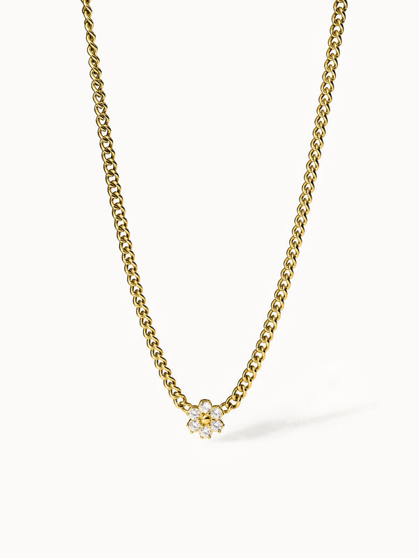 Goldene Kette mit blütenförmigem Anhänger und funkelnden Details von PURELEI.