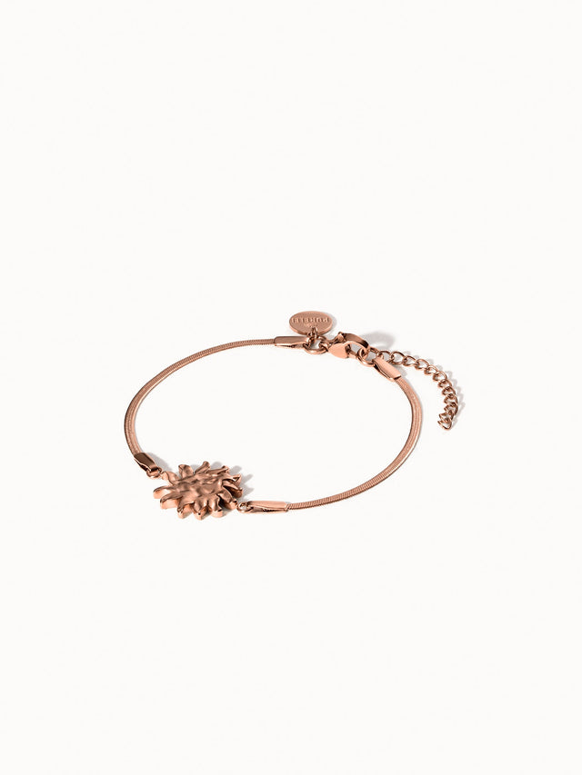 PURELEI Iconic Sun Armband in Roségold mit filigraner Snake-Chain und strukturierter Sonnen-Anhänger, elegant und feminin.
