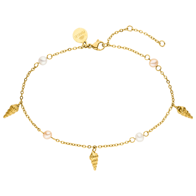 PURELEI Akala Fusskettchen aus vergoldetem Edelstahl mit Muschel-Anhängern und echten Perlen, feminin und elegant.