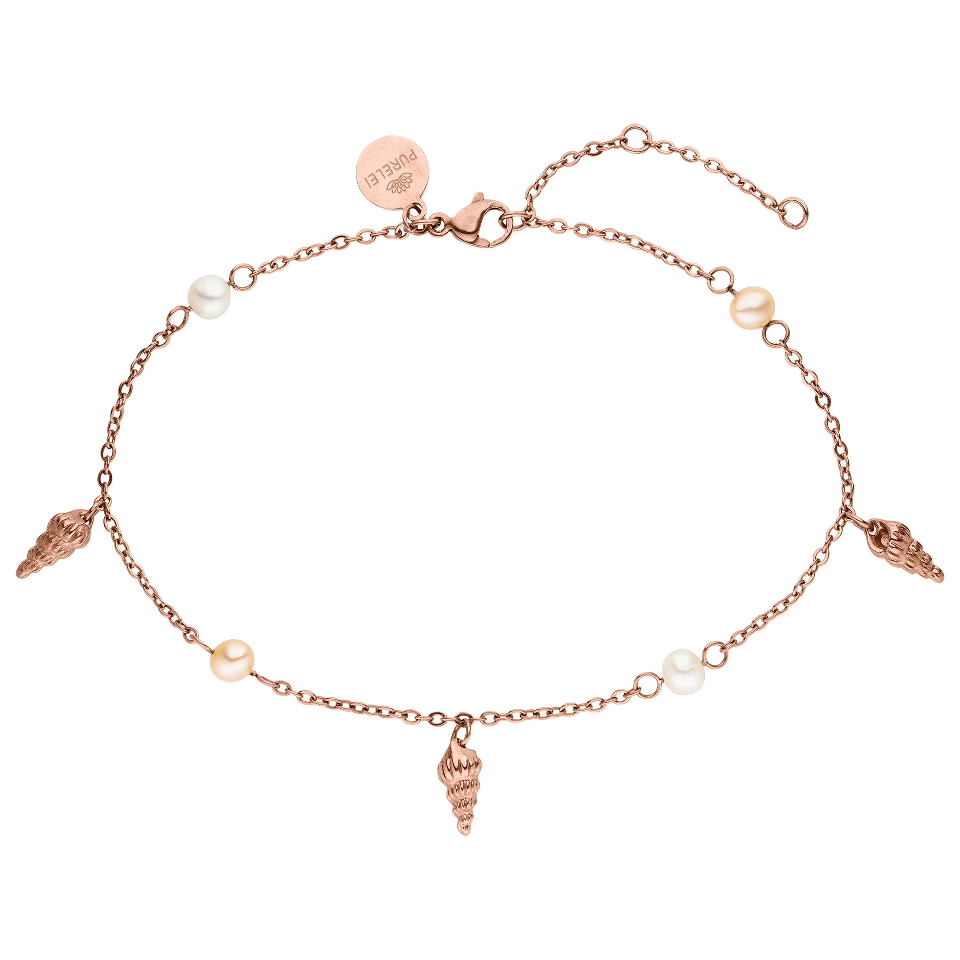 PURELEI Akala Fusskettchen Roségold mit Süßwasserperlen und Muschel-Anhängern, fein und feminin, island-spirit inspiriert