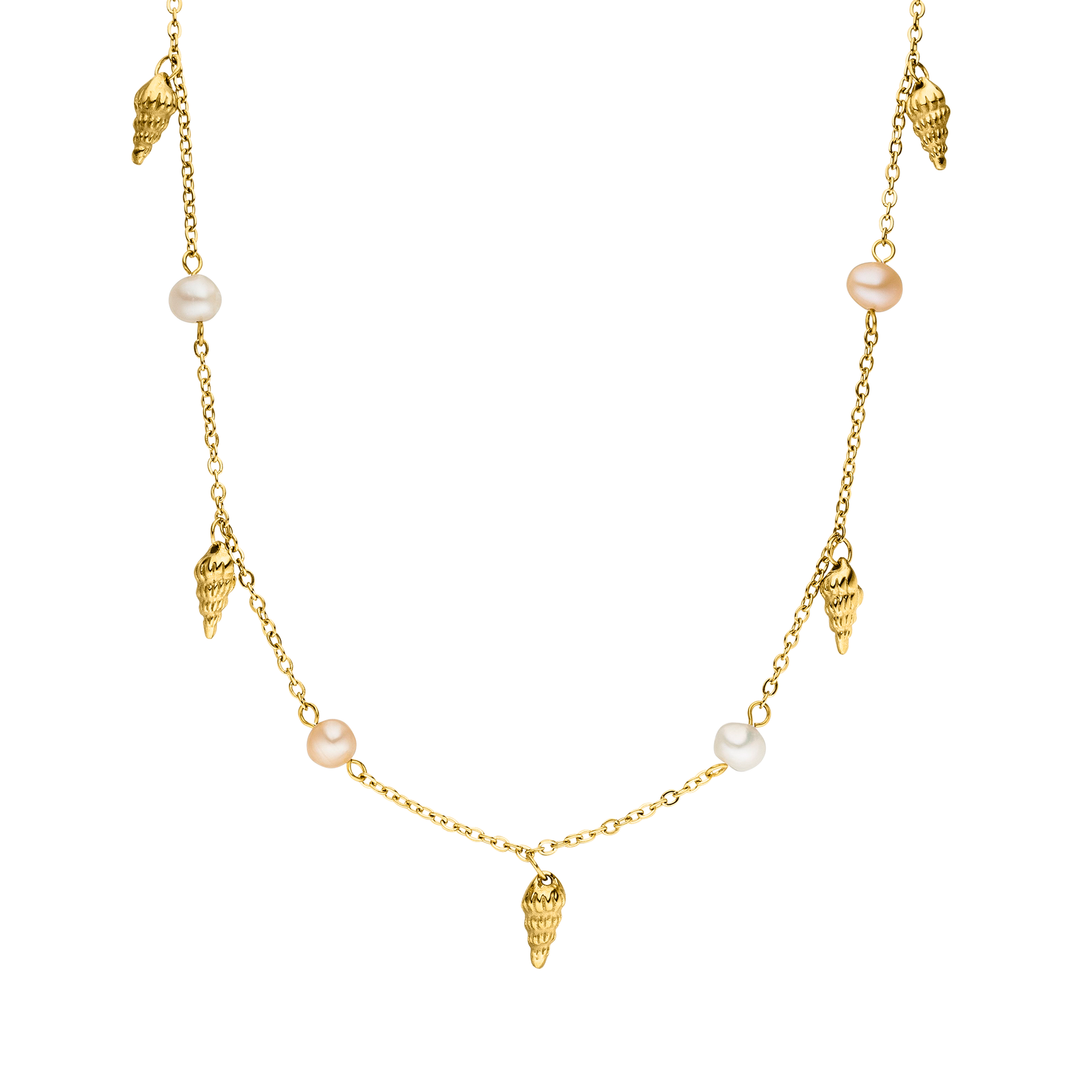 PURELEI Akala Kette aus vergoldetem Edelstahl mit Muschel-Anhängern und echten Perlen, elegant und feminin.