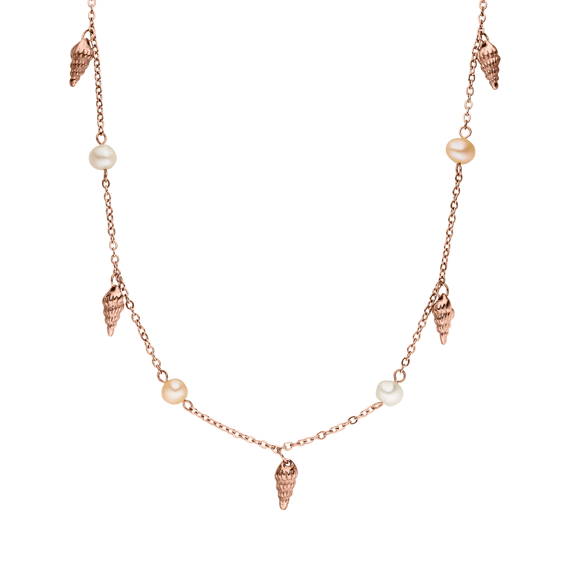 PURELEI Akala Kette Roségold mit Muschelanhängern und echten Perlen, feminine Insel-Ästhetik, elegant und zeitlos.