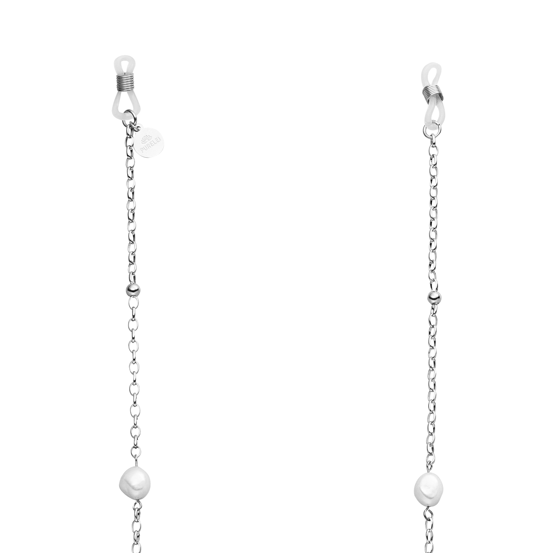 PURELEI Alima Brillenkette aus silberfarbenem Edelstahl mit schimmernden Keshi-Perlen, elegant und feminin.