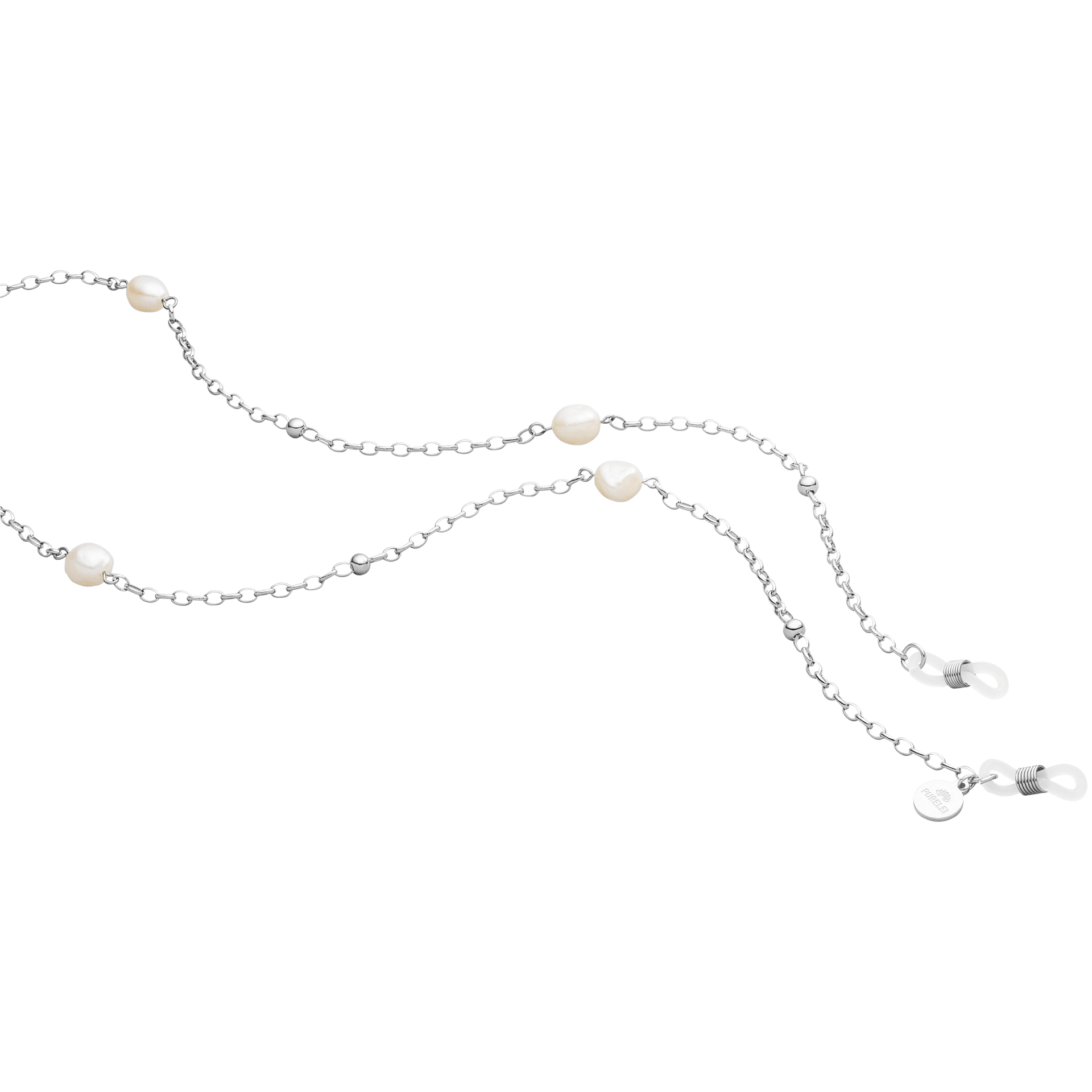 PURELEI Alima Brillenkette aus silberner Kette mit glänzenden Keshi-Perlen für sommerliche Leichtigkeit