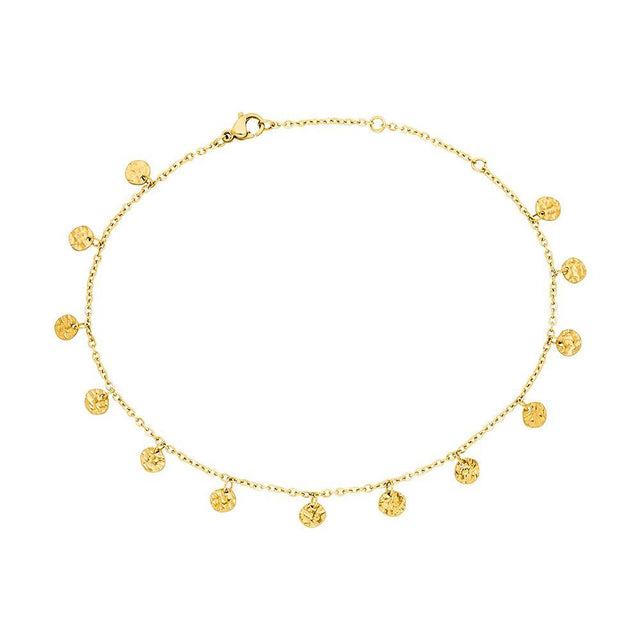 PURELEI Malihini Coin Fusskettchen aus 18K Gold, fein strukturierte Münzen, zart und elegant am Knöchel getragen