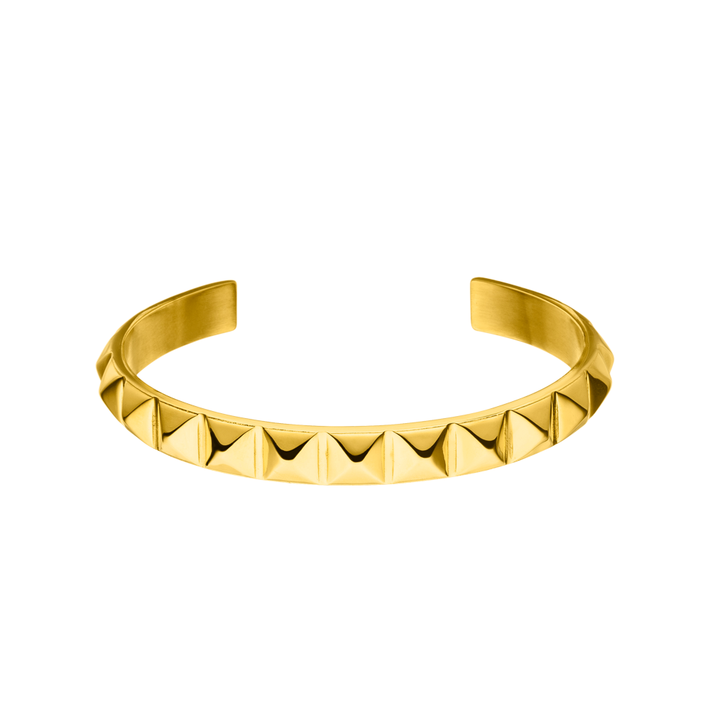 Goldener PURELEI Be You Armcuff aus Edelstahl mit Nieten, cool und elegant, strahlt selbstbewusste Feminität aus.