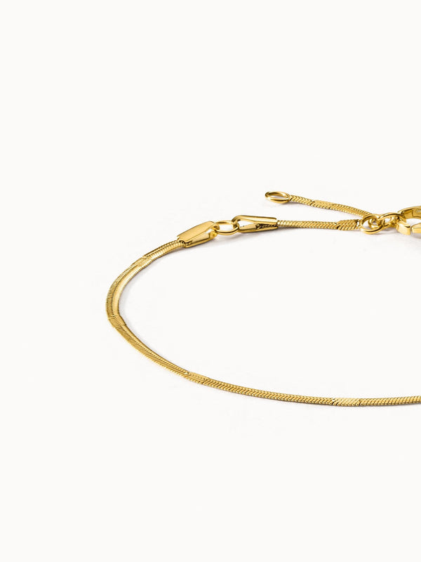 PURELEI Kanani Fusskettchen in 18K Gold, feine Schlangenkette mit verstellbarem Verschluss, elegante Leichtigkeit.