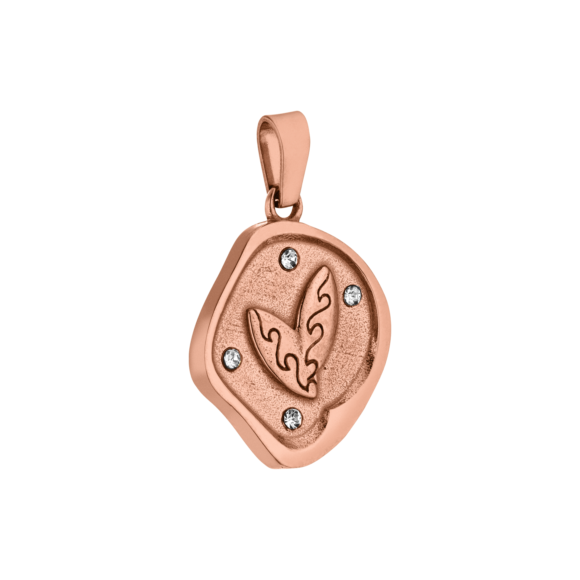 Roségoldener Anhänger mit Blattmotiv und funkelnden Steinen von PURELEI.