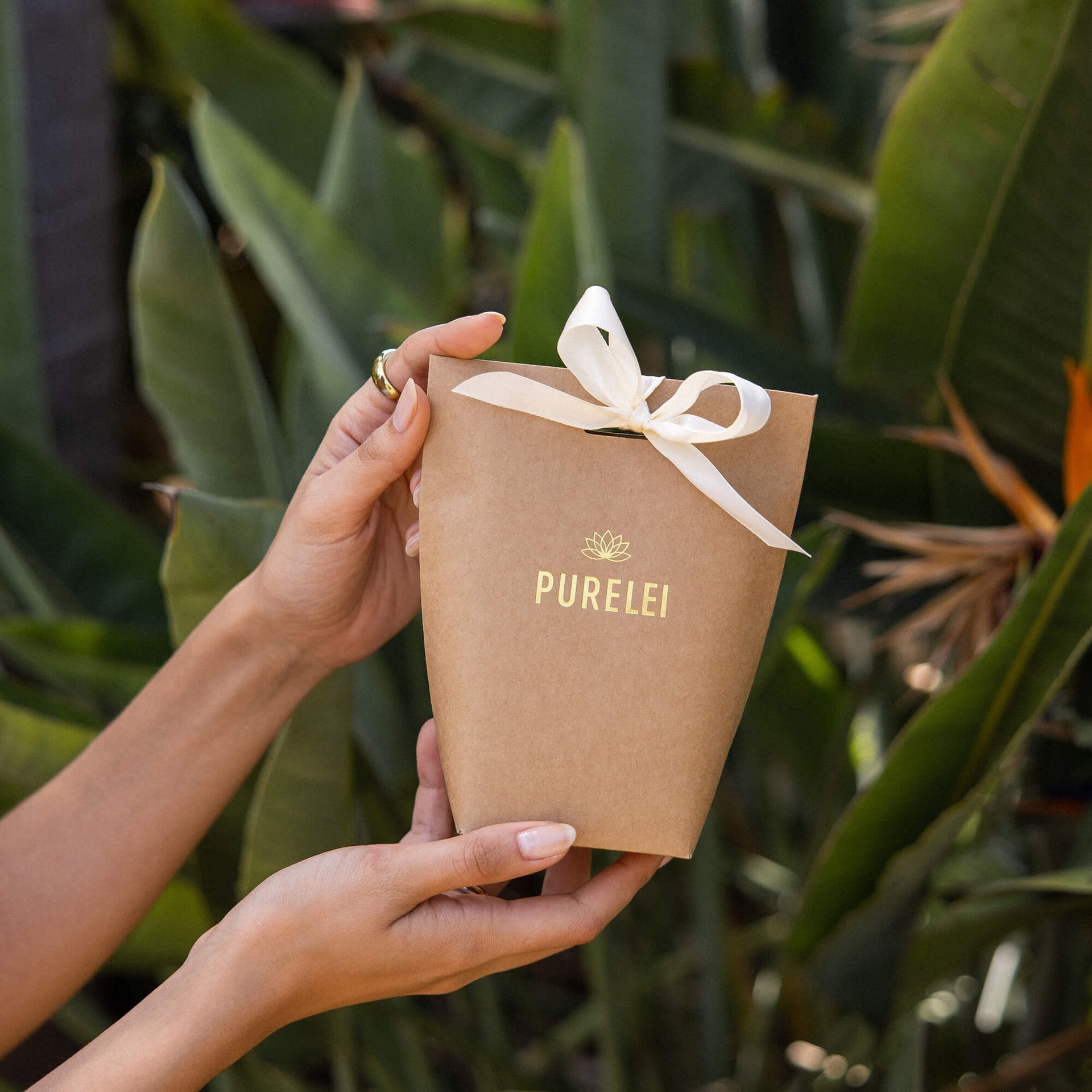 PURELEI Geschenkverpackung Basic aus braunem Kraftpapier mit goldener Prägung und cremeweißem Band, elegant und nachhaltig.