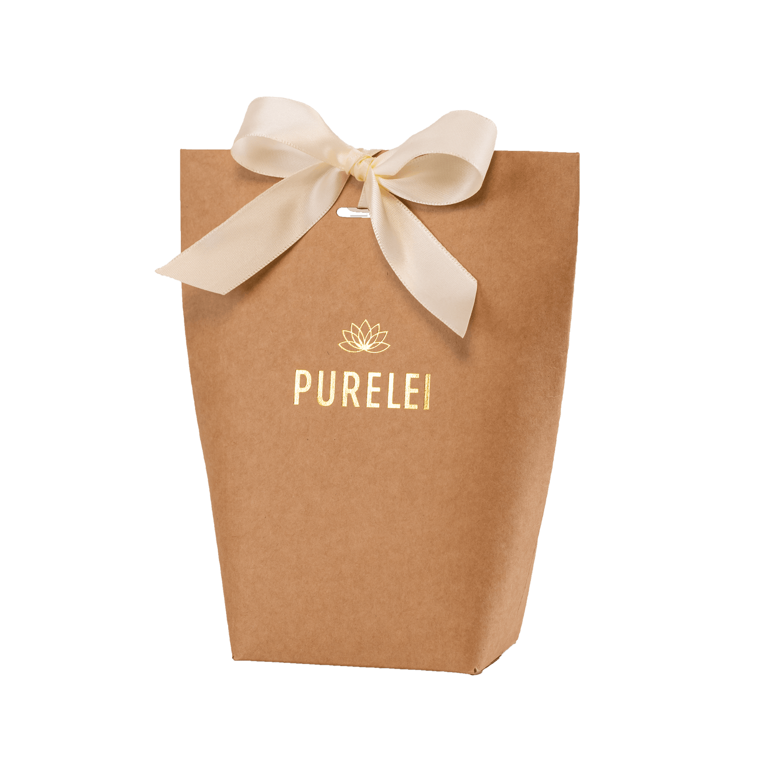 PURELEI Geschenkverpackung Basic aus braunem Kraftpapier mit goldener Prägung und cremeweißem Band, elegant und natürlich