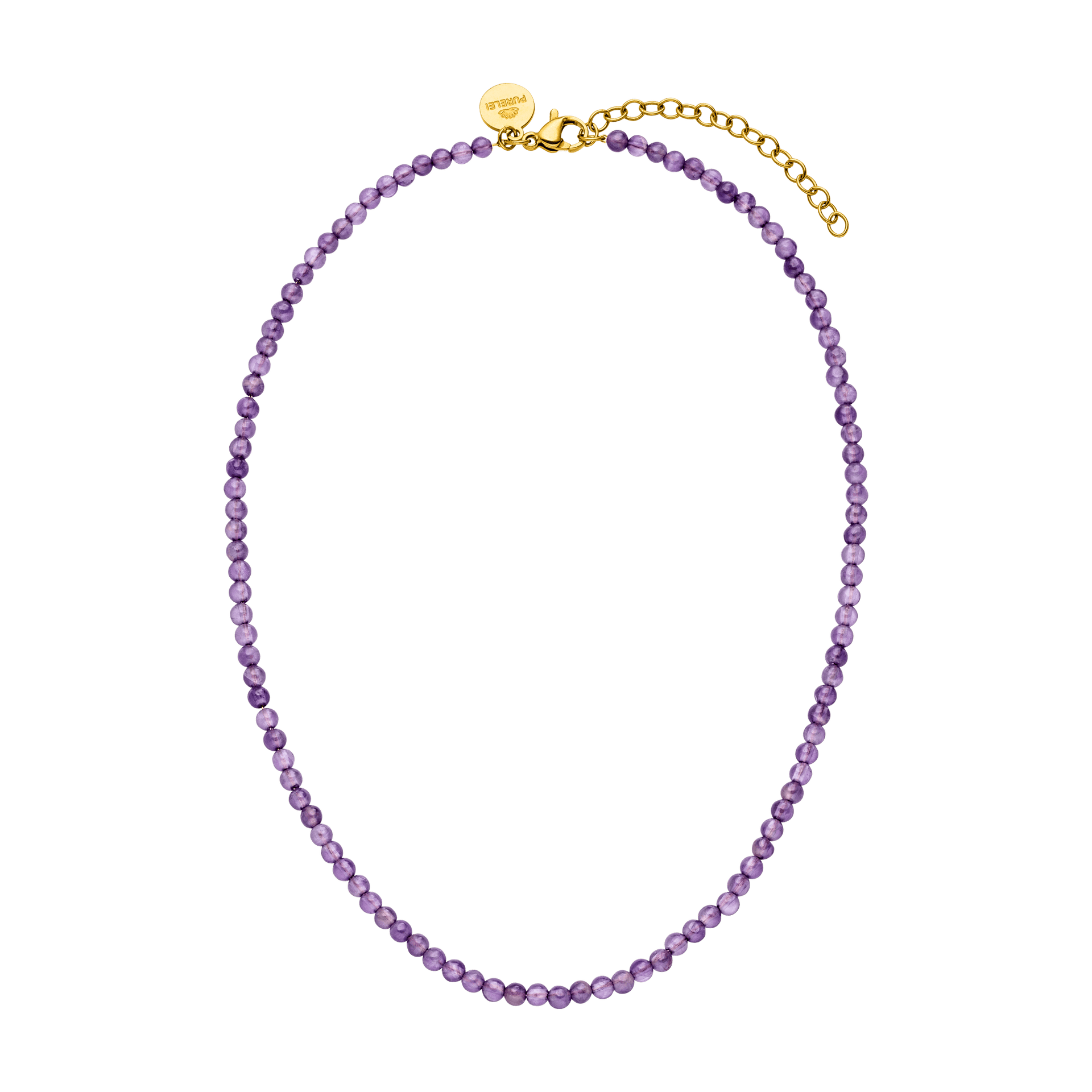 PURELEI Amethyst Kette mit goldfarbenem Verschluss, zarten lila Perlen, elegant und spiritual inspirierend.