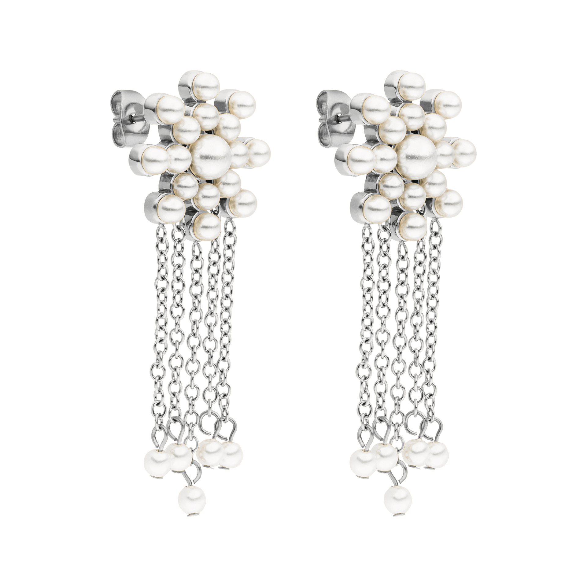 Silberne Ohrringe mit Perlen und Ketten, elegant und modern, von PURELEI.