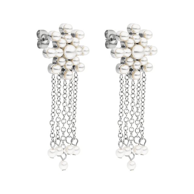 Silberne Ohrringe mit Perlen und Ketten, elegant und modern, von PURELEI.