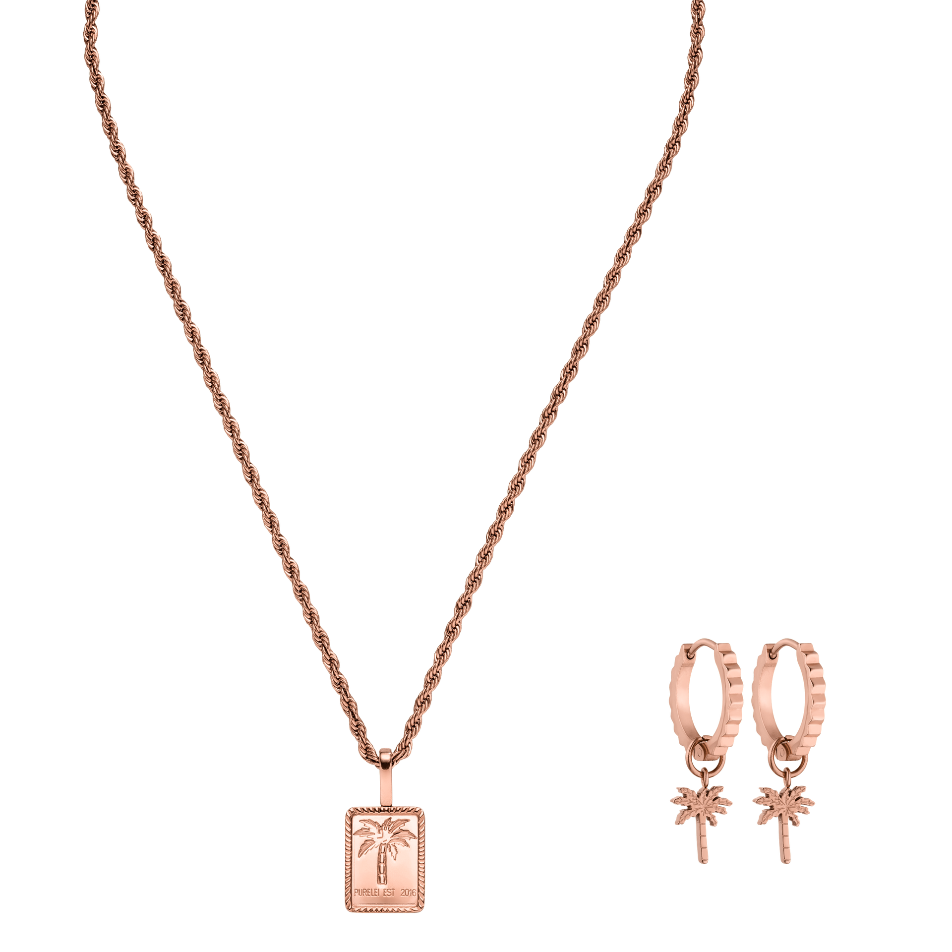 Roségoldene Kette mit Palmenanhänger und passenden Ohrringen von PURELEI.