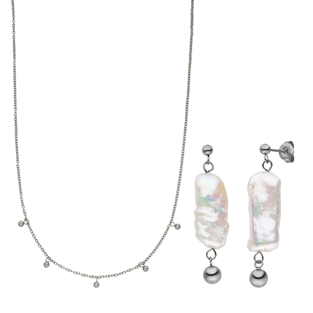 PURELEI Mahina Club Kahakai Halskette und Ohrringe aus Edelstahl mit schimmernden Keshi Perlen, elegant und feminin