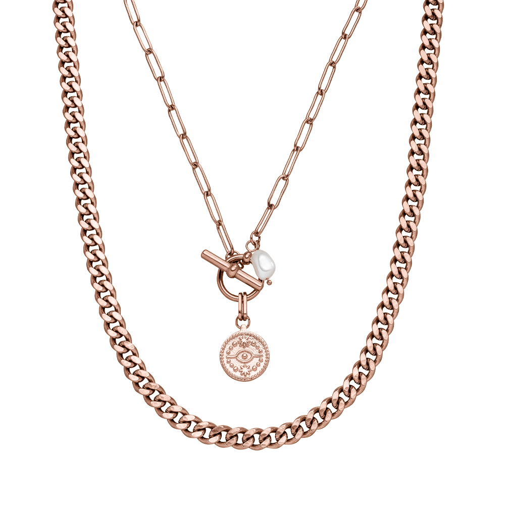 Makani Ketten-Set von PURELEI, roségoldene Edelstahlketten mit Keshi-Perle und Sternzeichen-Anhänger, elegant layering.