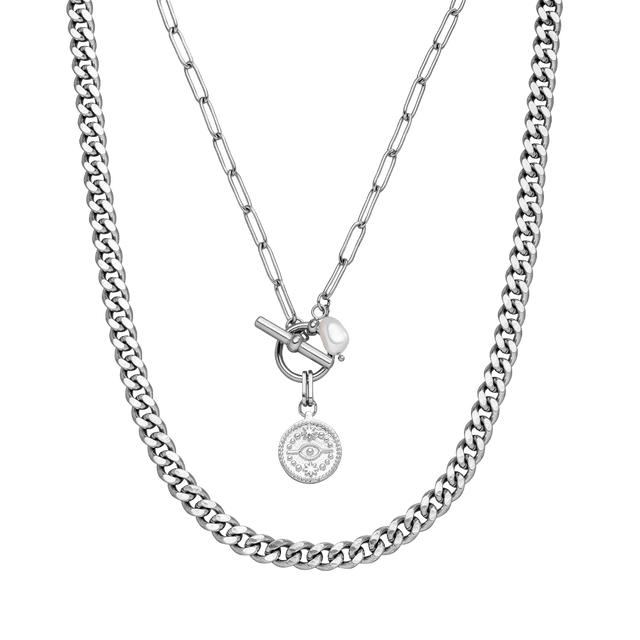 Makani Ketten-Set von PURELEI, nickelfreies silbernes Edelstahl-Layering mit Perle und Anhänger, elegant und modern