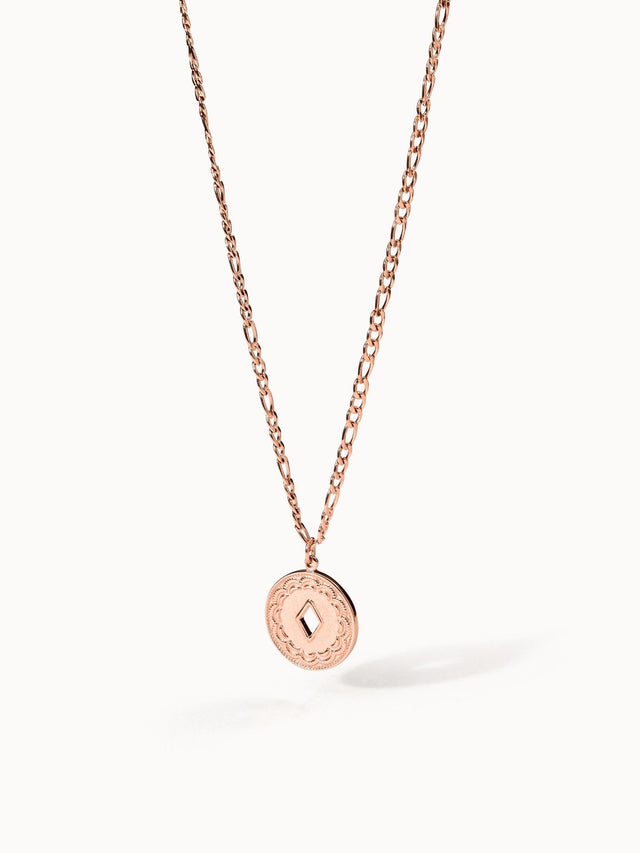 PURELEI Lolani Kette in 18K Roségold mit gemustertem Coin-Anhänger, elegant und feminin, nickelfrei.