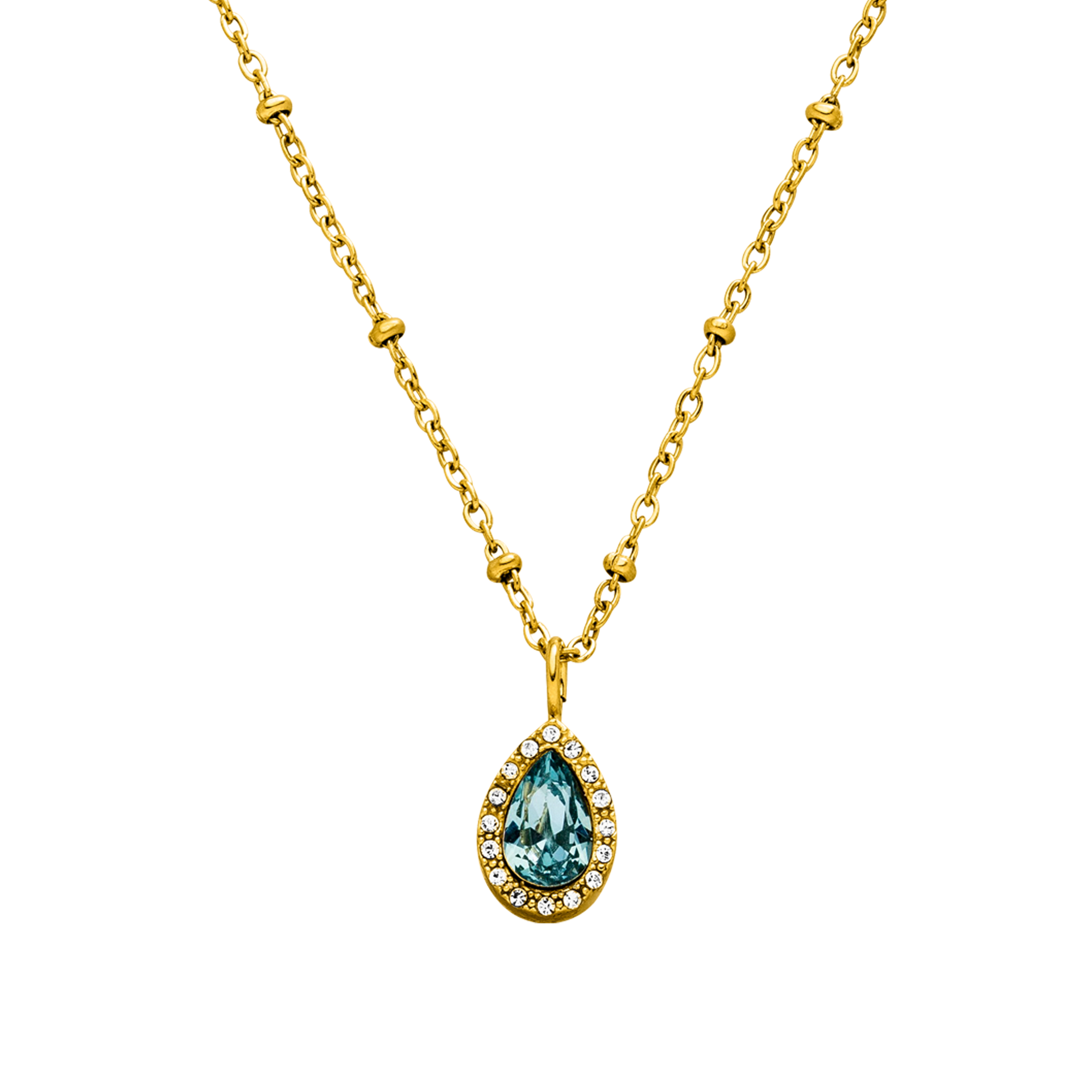 PURELEI Bellezza Kette mit aquamarinblauem Tropfenstein und 18K Goldlegierung, elegant und feminin.