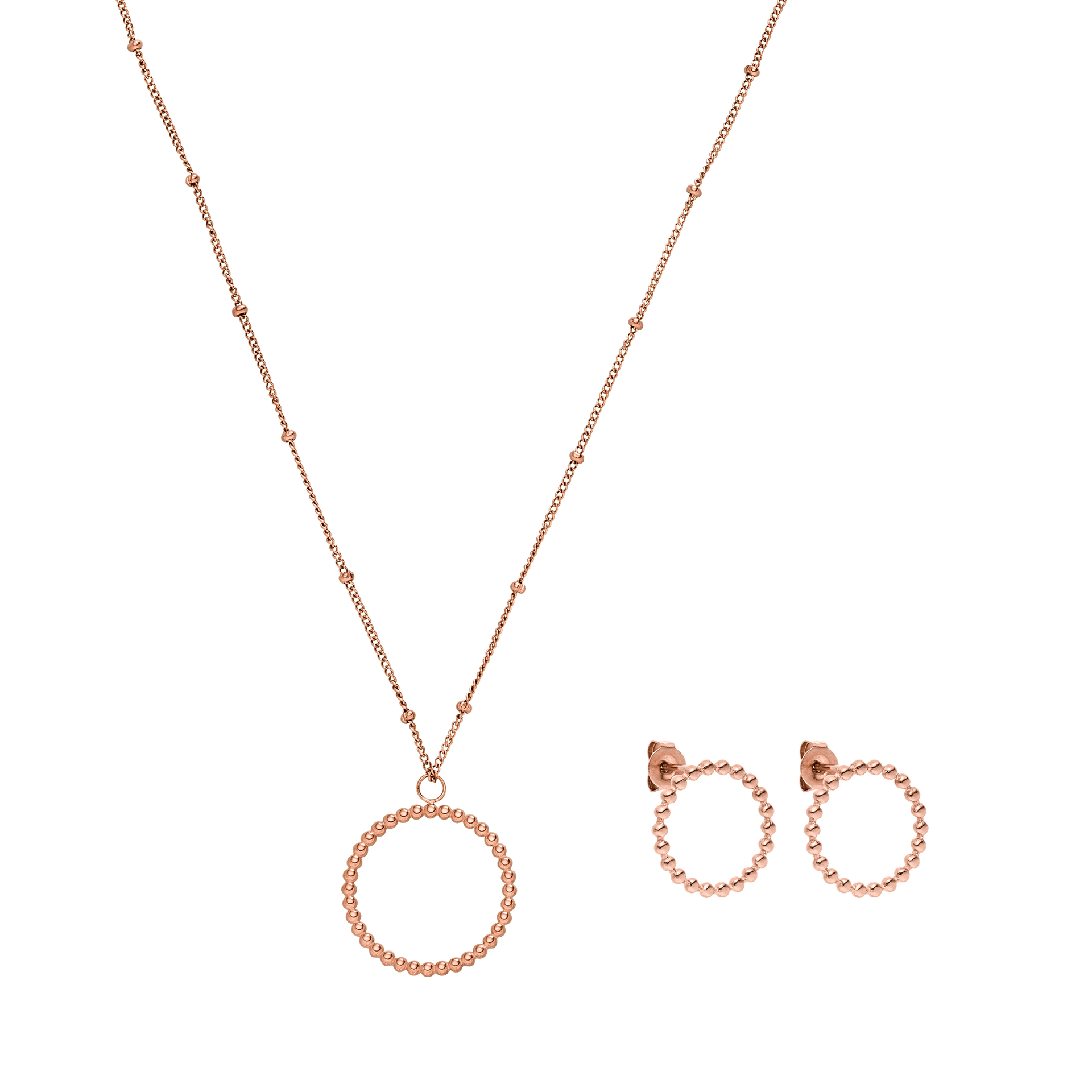 Roségoldene Kette und Ohrringe mit kreisförmigem Design von PURELEI, elegant und feminin.