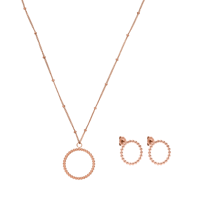 Roségoldene Kette und Ohrringe mit kreisförmigem Design von PURELEI, elegant und feminin.