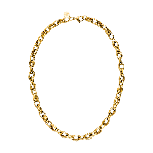 Goldene Kette mit glänzenden Gliedern, inspiriert von PURELEI, elegant und modern.