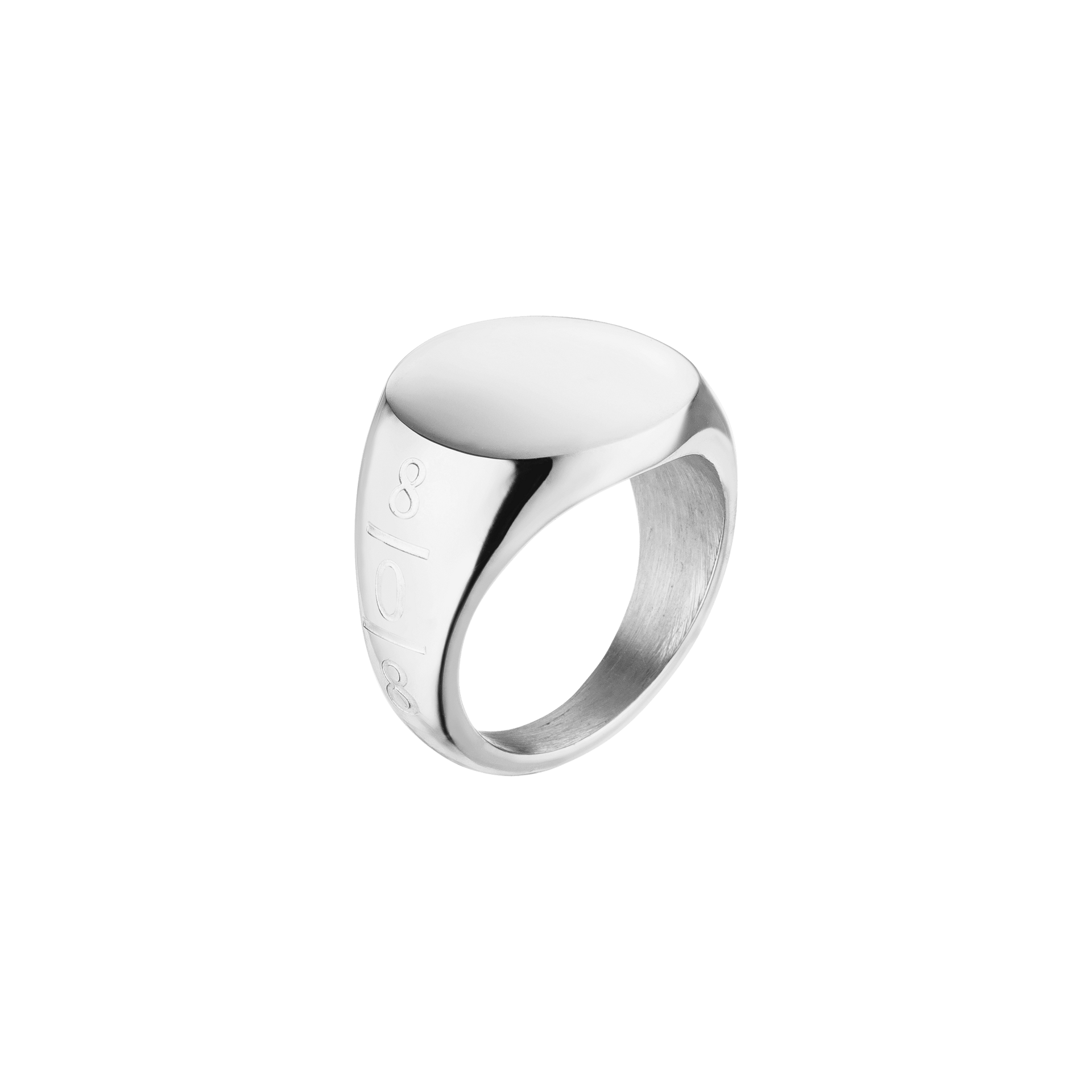 PURELEI Round Ring aus nickelfreiem, poliertem Silber mit eingraviertem 808 Logo, klare zeitlose Eleganz.