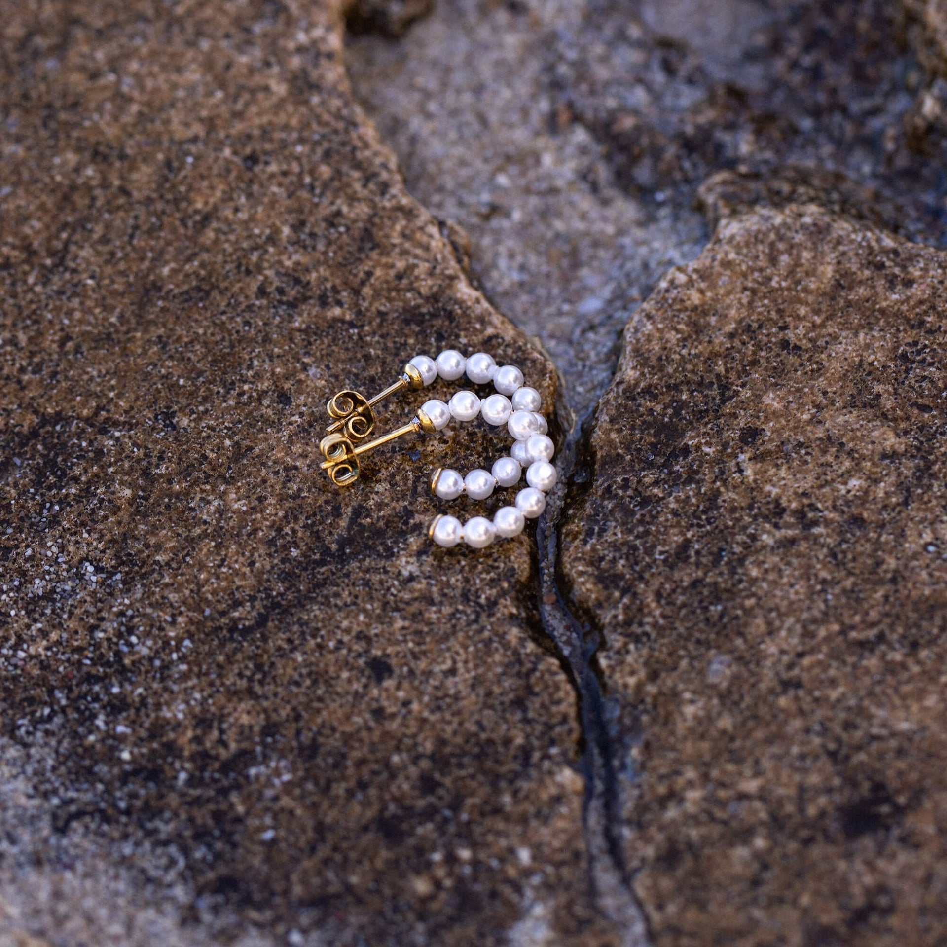 Purelei Pure Soul Ohrringe mit vergoldeten Creolen und Seashell-Perlen auf rauem Stein, elegant und feminin.