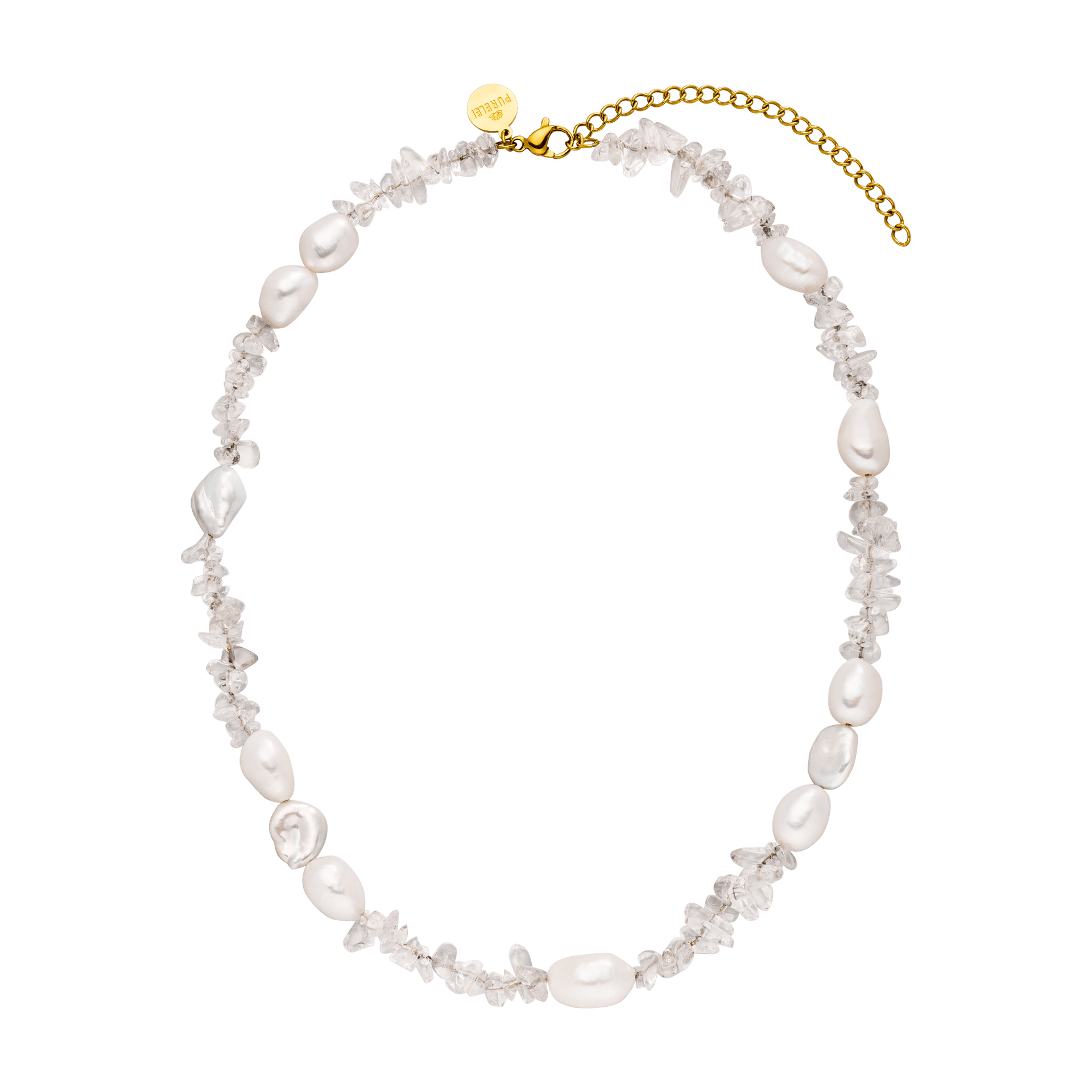 Halskette aus weißen Perlen und Kristallen, PURELEI, elegant und feminin.