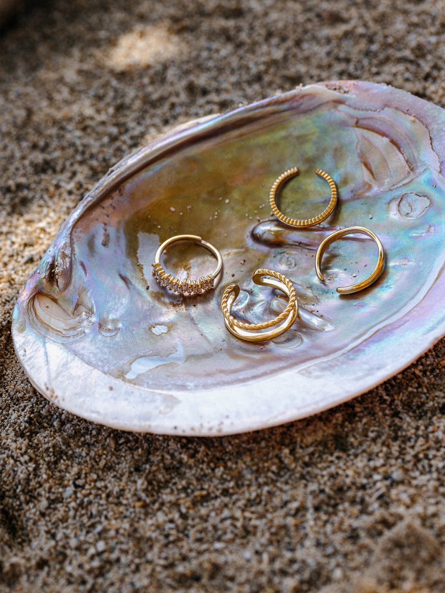 Silberne Ringe in verschiedenen Designs auf einer Muschel, inspiriert von PURELEI.