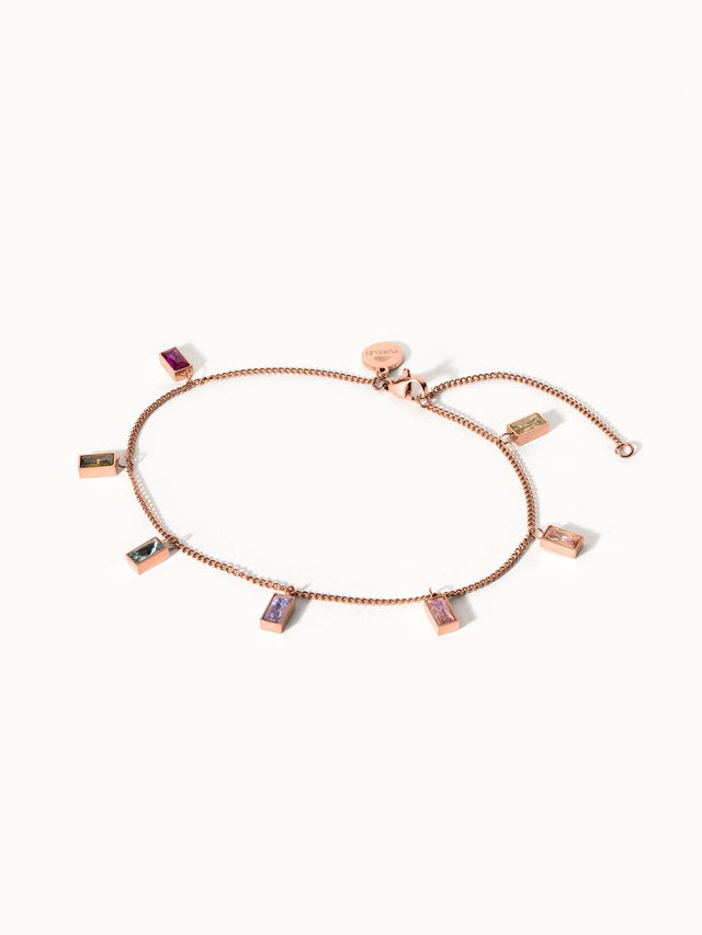 Rainbow Fusskettchen aus roségoldenem Edelstahl mit bunten Zirkonia-Steinen, elegant und lebensfroh von PURELEI.