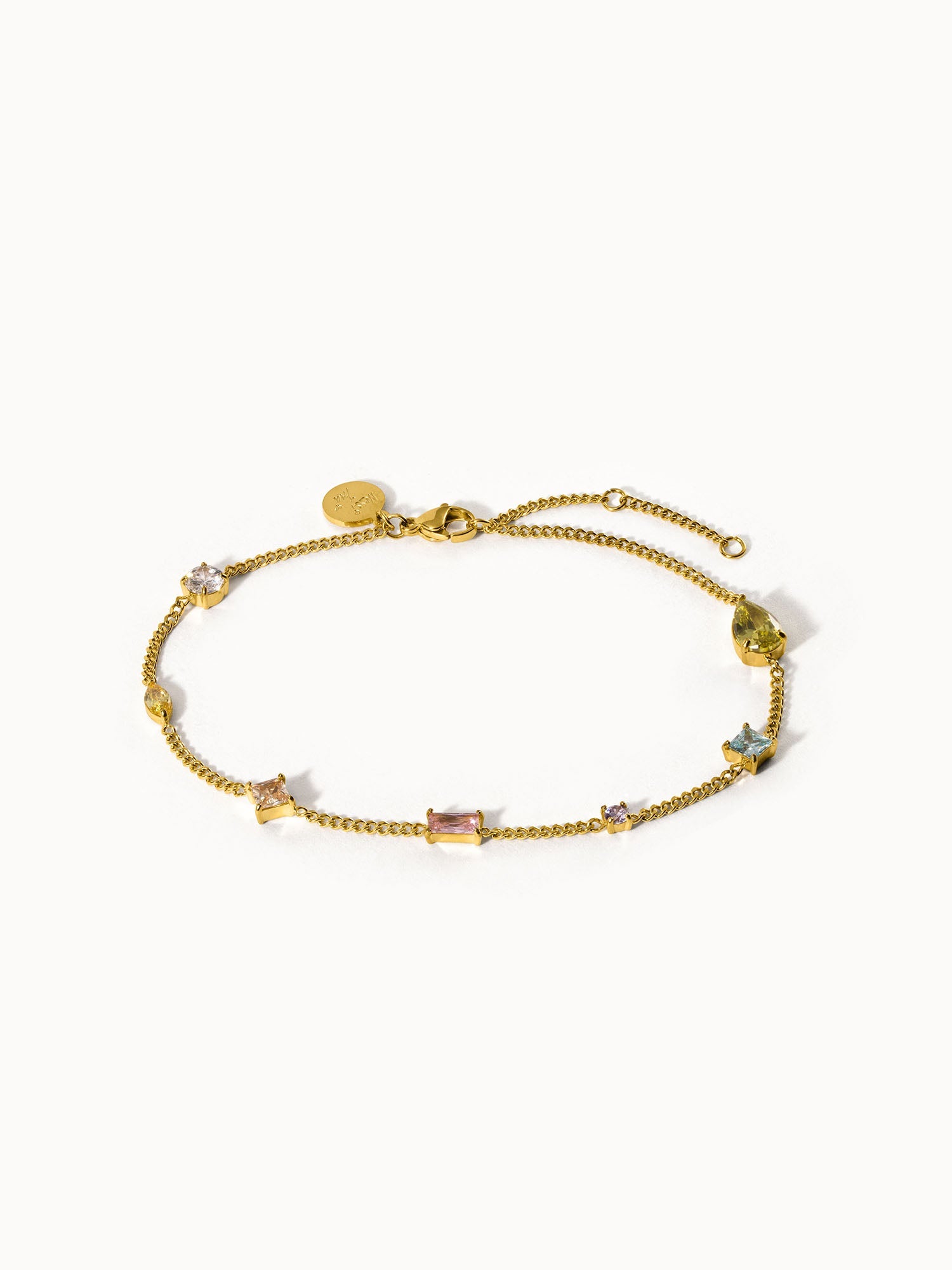Goldenes Armband mit bunten Steinen, elegant und feminin, von PURELEI.