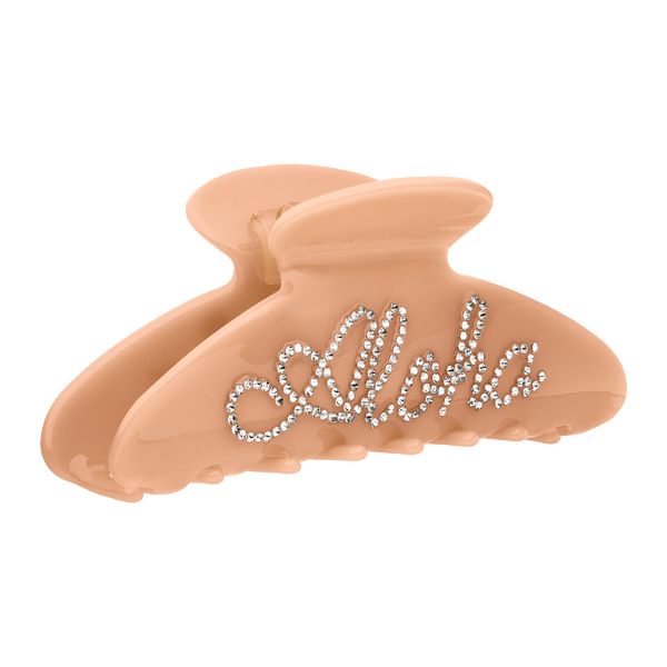PURELEI Aloha Haarklammer in Beige mit funkelndem Strassschriftzug, elegant und feminin für jeden Look.