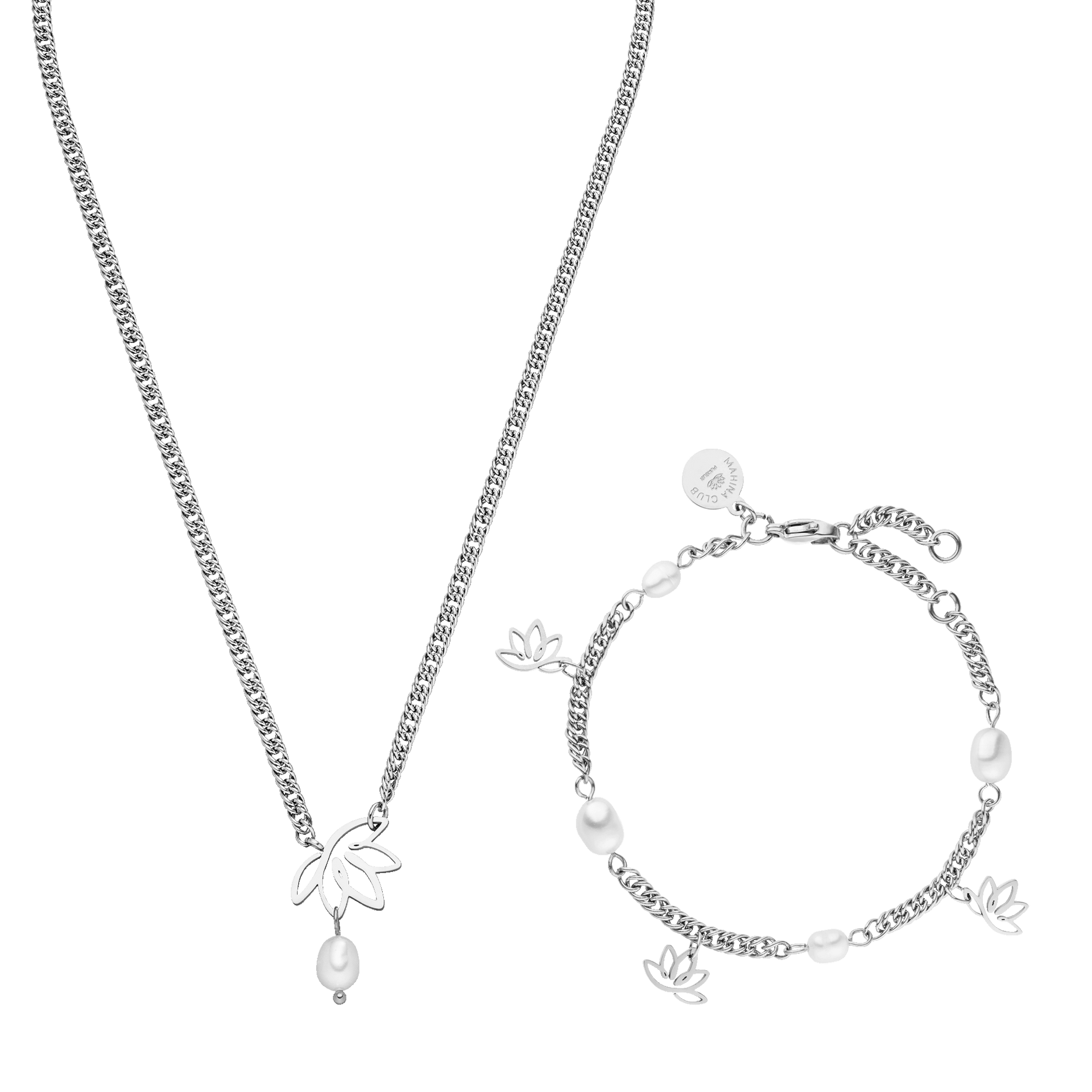 Silberne Kette und Armband mit Lotus-Design und Perlen von PURELEI.