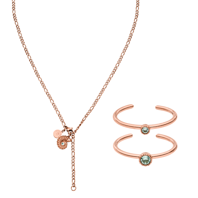 Roségoldene Kette und Armreifen mit zarten Details von PURELEI, elegant und feminin.