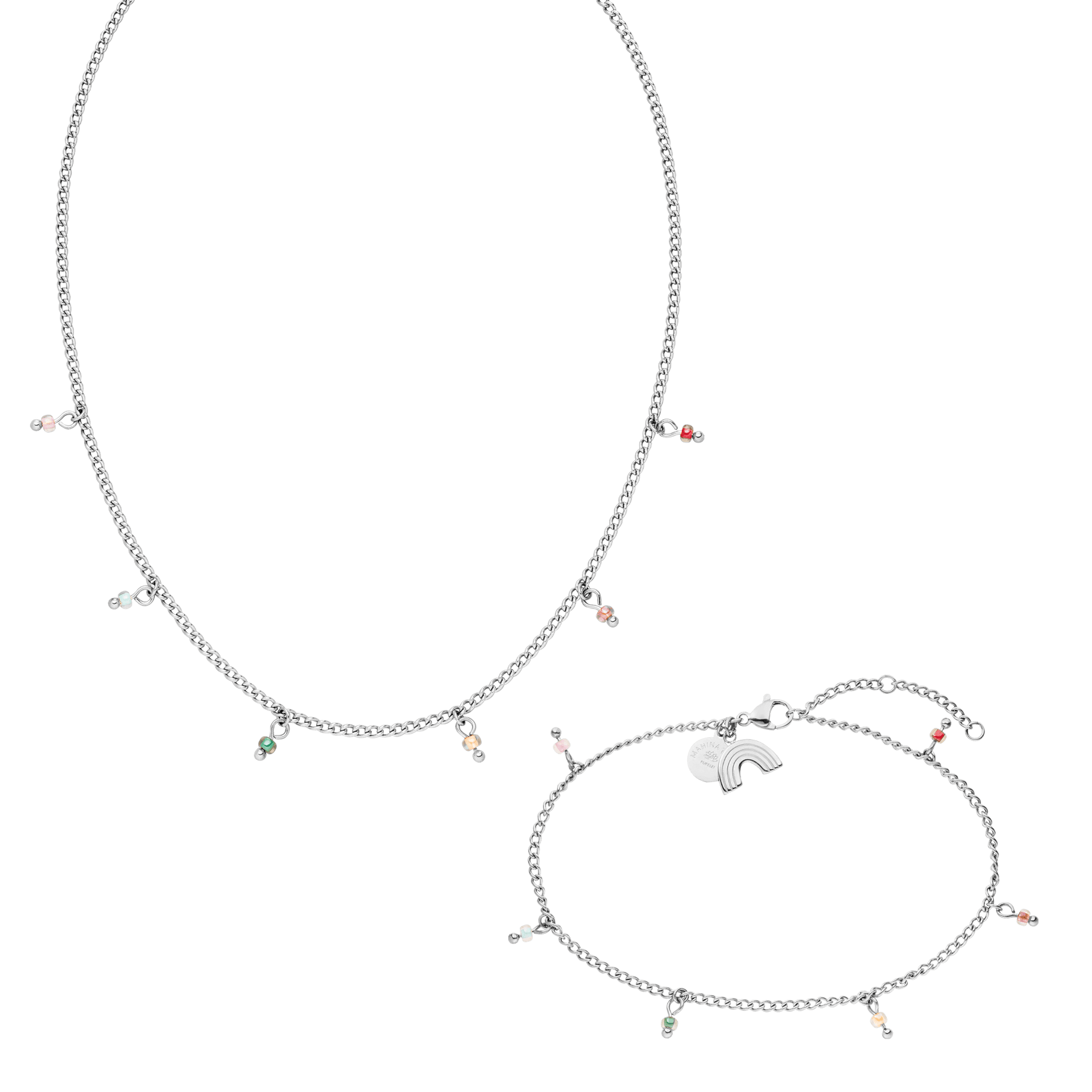 Silberne Kette und Armband mit bunten Anhängern von PURELEI, modern und verspielt.
