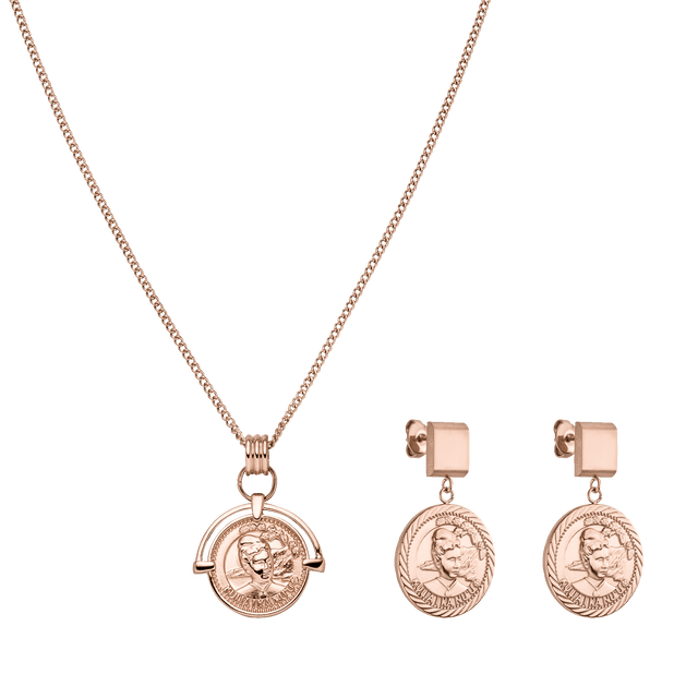 Roségoldene Kette und Ohrringe mit Münzdesign von PURELEI, elegant und feminin.