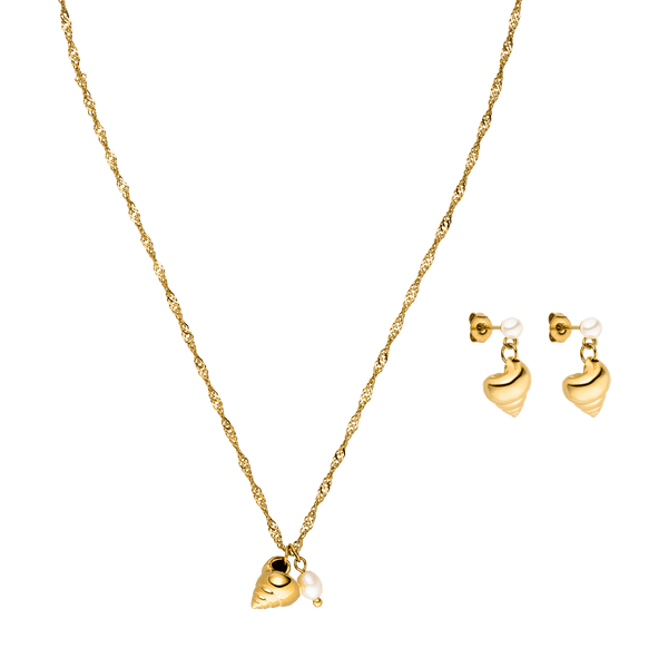 Goldene Kette mit Muschel-Anhänger und passenden Ohrringen von PURELEI, elegant und verspielt.