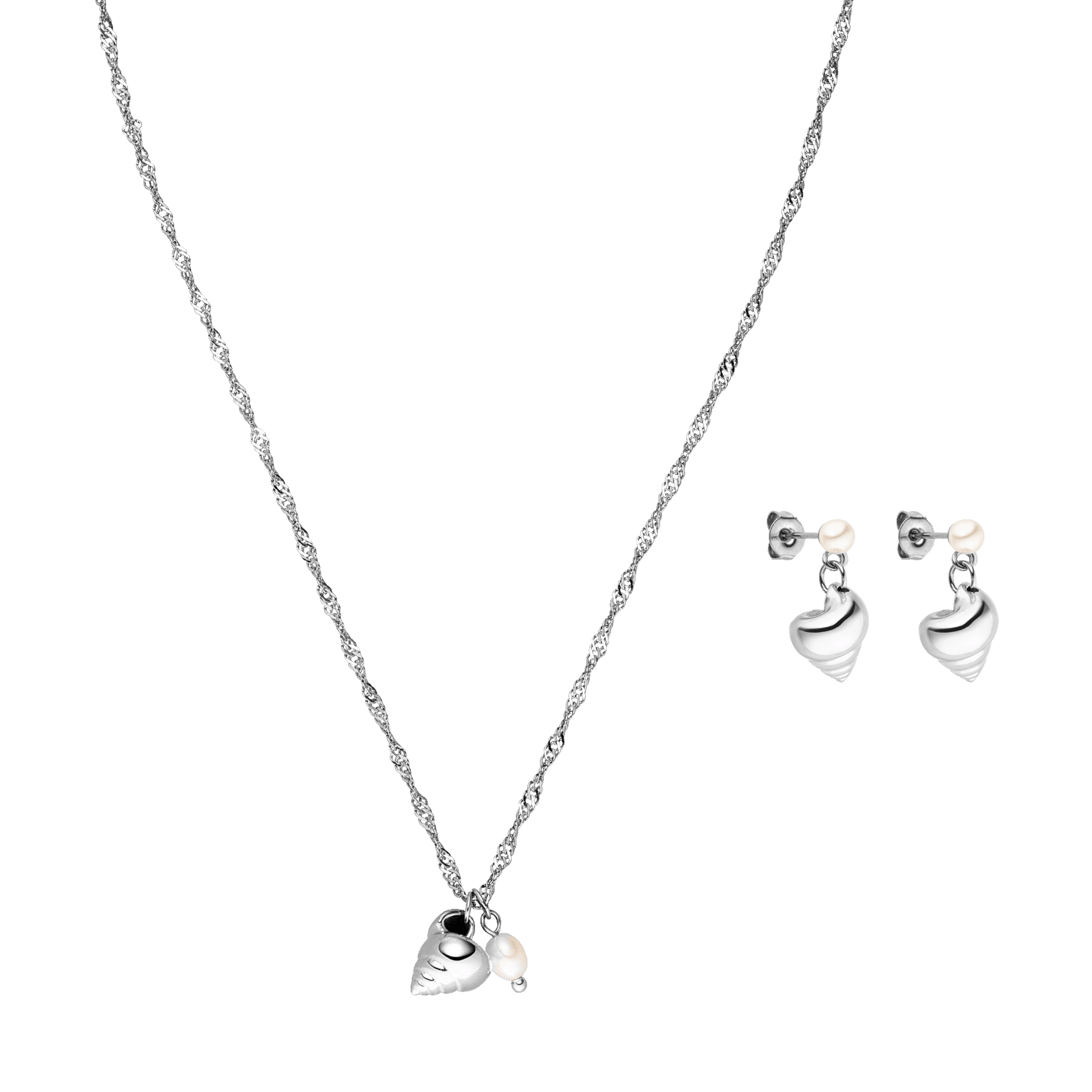 Silberne Kette mit Muschel-Anhänger und Ohrringen, PURELEI inspiriert von der Natur.
