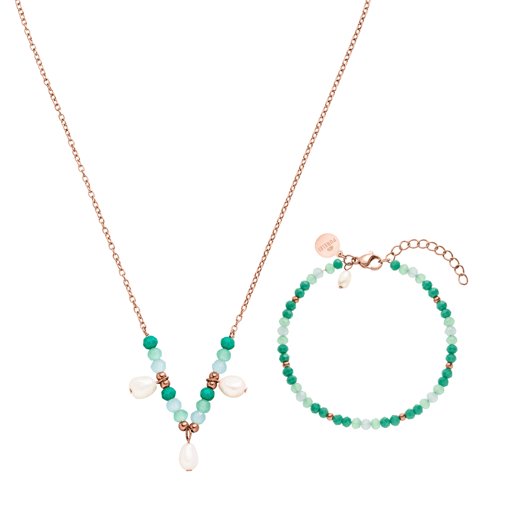 Roségoldene Kette und Armband mit grünen Perlen und Muschel-Details von PURELEI.