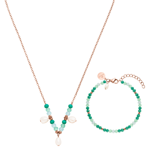 Roségoldene Kette und Armband mit grünen Perlen und Muschel-Details von PURELEI.