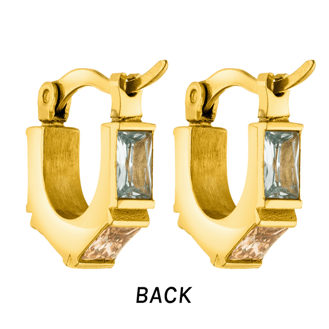 Goldene Creolen mit blauen und roséfarbigen Steinen, PURELEI, elegant und modern.