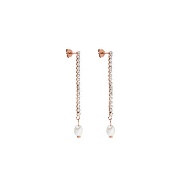 Roségoldene Ohrringe mit Perlen und funkelnden Zirkonia von PURELEI, elegant und feminin.
